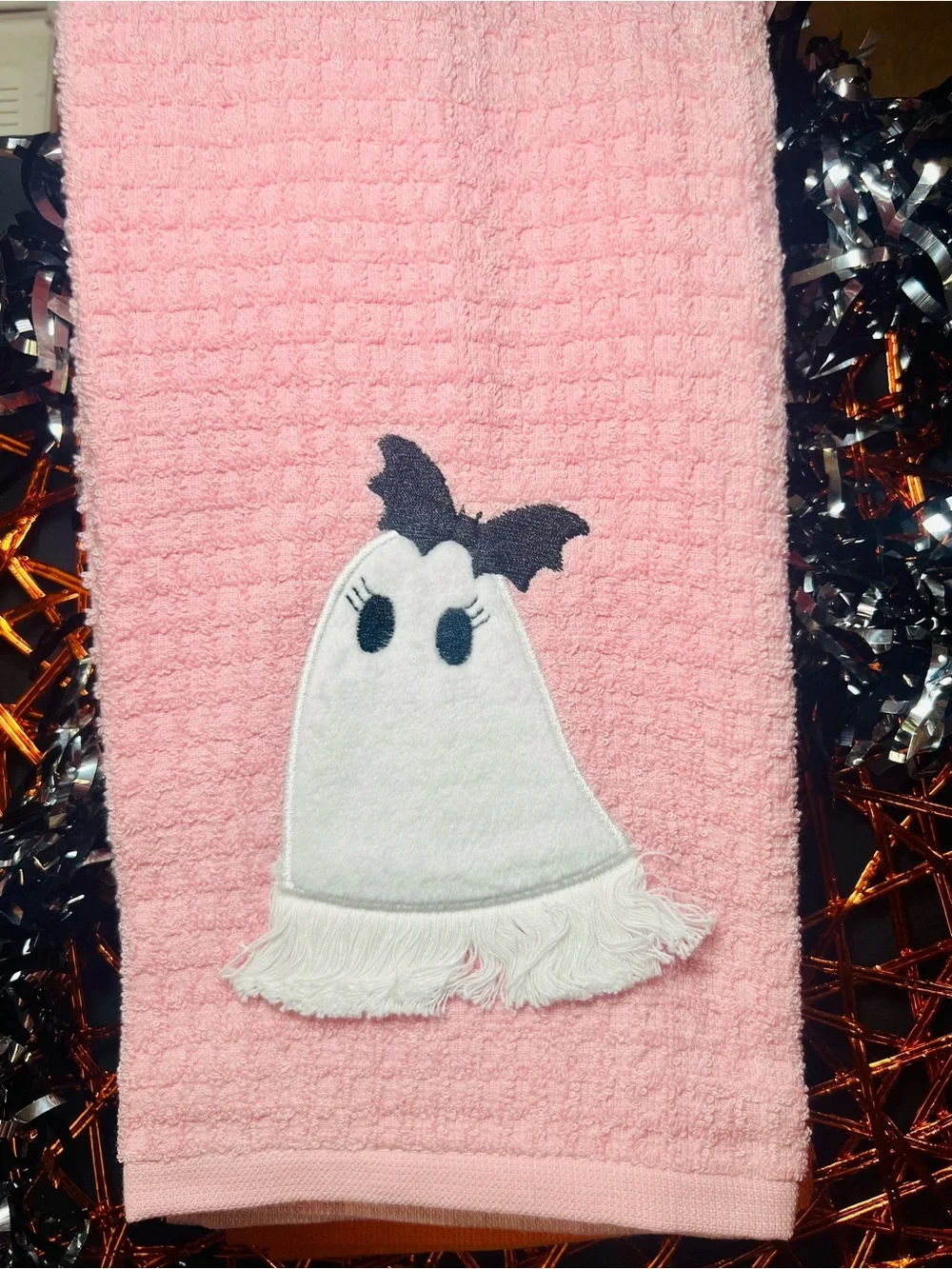 3 Halloween Kitchen Towels Ghost Applique Bright & Light Pink Orange Waffle